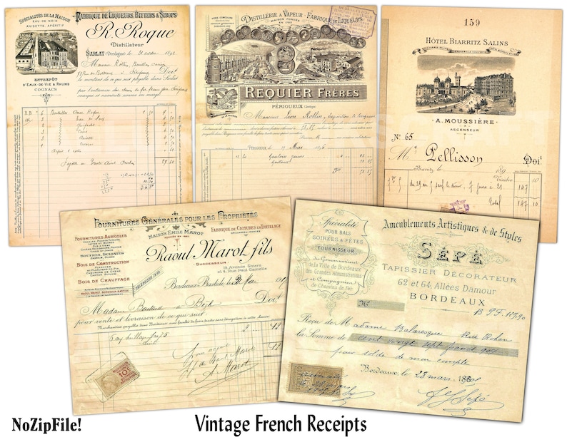 Puede incluir: Una colecci&oacute;n de recibos franceses vintage, con texto escrito a mano y adornos decorativos. Los recibos son de varios negocios, incluyendo una licorer&iacute;a, un hotel, una tienda de muebles y una tienda de tapices. Los recibos est&aacute;n impresos en papel envejecido con un tono amarillento.