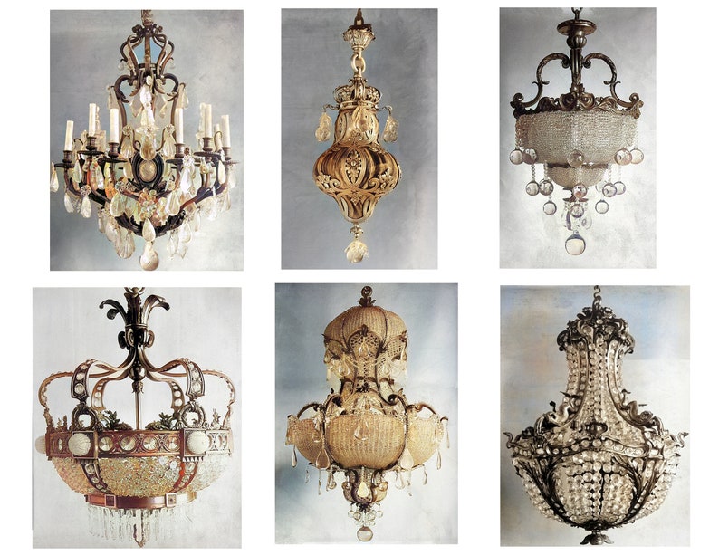 Vintage Chandeliers 1, Black & White or Colored, Antique Lights, Junk Journal Ephemera Ornate Picture Victorian Image Printable Digital image 1