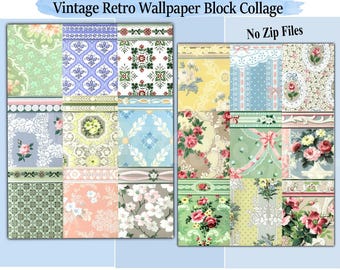 Vintage Wallpaper Collage: Retro Junk Journal Ephemera Wallpaper Squares Antique Flowers Pattern Background