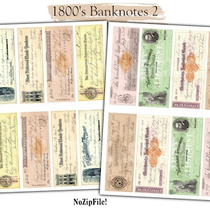 2 billets de banque vintage des années 1800, éphémères de journal indésirable, police de caractères typographie en-tête antique, embellissement numérique rétro