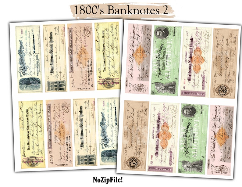 May include: A digital collage of eight vintage banknote designs from the 1800s. The banknotes feature various colors, including pink, green, yellow, and brown. Each banknote has a unique design and text, including the name of the bank, the amount of money, and the signature of the bank's treasurer.