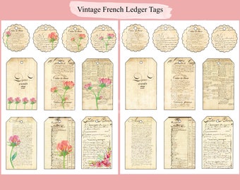 vintage Français Ledger & Flower Tags, Ephemera Junk Journal Tags, vintage Script Font Topography Embellishment Tags