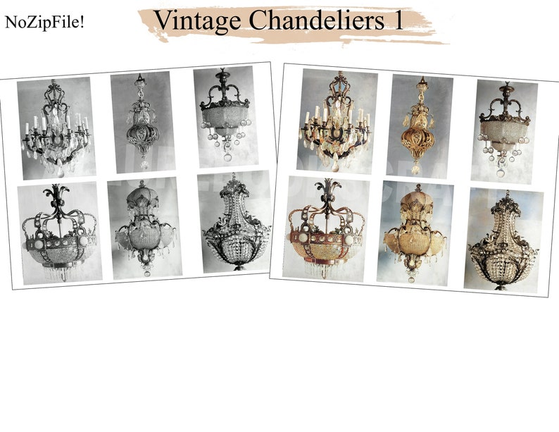 Vintage Chandeliers 1, Black & White or Colored, Antique Lights, Junk Journal Ephemera Ornate Picture Victorian Image Printable Digital image 2