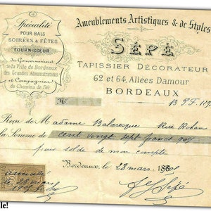 Puede incluir: Un recibo antiguo de un tapicero franc&eacute;s llamado Sepe, fechado el 28 de marzo de 1898. El recibo es por 127 francos y 90 c&eacute;ntimos, pagado por Madame Balaresque, residente en Rue Rohan.