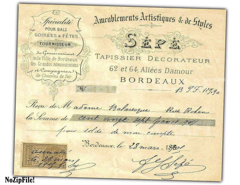 Puede incluir: Un recibo antiguo de un tapicero franc&eacute;s llamado Sepe, fechado el 28 de marzo de 1898. El recibo es por 127 francos y 90 c&eacute;ntimos, pagado por Madame Balaresque, residente en Rue Rohan.