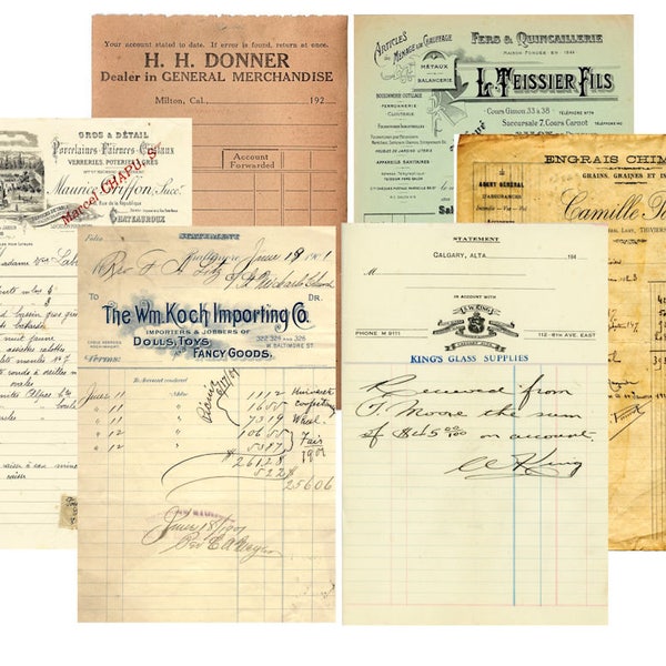 Vintage Receipt, Letterhead, Ledger, Vintage Font, Junk Journal, Printable Digital Retro Paper, Ephemera Receipts, Vintage Script
