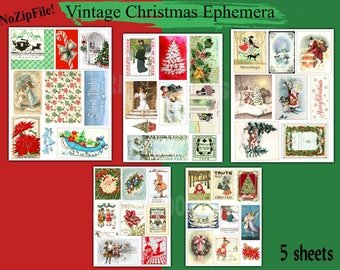 Vintage Christmas Ephemera Junk Journal Scrapbook Embellishment Christmas Card Santa Poinsette Wreath Christmas Fussy Cut Clipart
