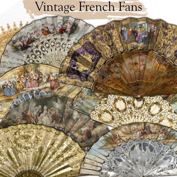 1800's Vintage Franse fans voor Junk Journal Verfraaiing, Antiek Frankrijk Digitaal Afdrukbare Ephemera, Sierlijk Frans Design