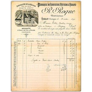 Puede incluir: Una factura antigua de R. Roque, un destilador en Sarlat, Francia, fechada el 31 de octubre de 1898. La factura enumera varios licores y sus precios, incluyendo "Cloner Roden", "bau se lais", "Quifrost", "Canis", "Anintt", "Arfit cost" y "Cura&ccedil;a".
