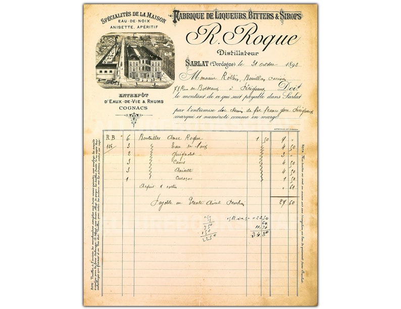 Puede incluir: Una factura antigua de R. Roque, un destilador en Sarlat, Francia, fechada el 31 de octubre de 1898. La factura enumera varios licores y sus precios, incluyendo "Cloner Roden", "bau se lais", "Quifrost", "Canis", "Anintt", "Arfit cost" y "Cura&ccedil;a".