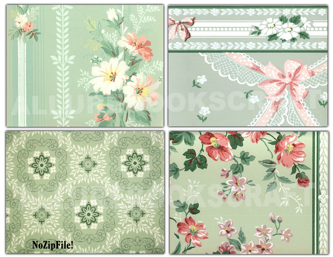 Vintage Green Wallpapers, Full Page Junk Journal Papers, Printable