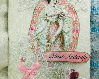 Jane Austin Junk Journal Pretty In Pink, Handmade Journal For Sale, Fabric Cover, Vintage Lady Vintage Junk Journal Book