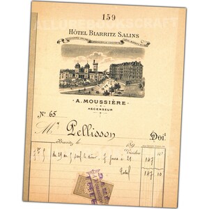 Puede incluir: Una factura de hotel vintage del Hotel Biarritz Salins, fechada el 189 Vimbre, para M. Pellisson, con un importe total de 147.10. La factura presenta una ilustraci&oacute;n en blanco y negro del hotel.