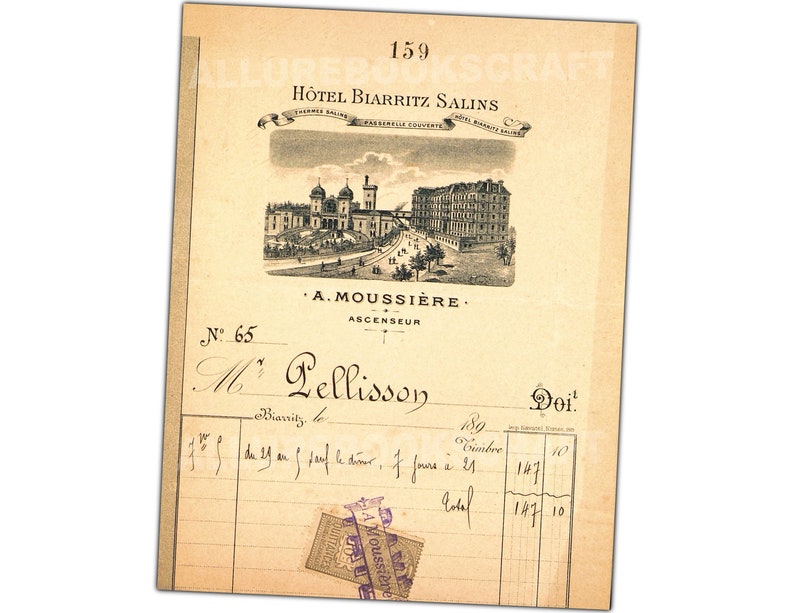 Puede incluir: Una factura de hotel vintage del Hotel Biarritz Salins, fechada el 189 Vimbre, para M. Pellisson, con un importe total de 147.10. La factura presenta una ilustraci&oacute;n en blanco y negro del hotel.