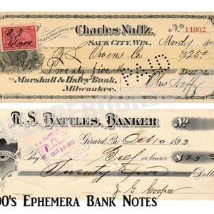 Puede incluir: Dos cheques bancarios antiguos del siglo XIX. El cheque superior es de Charles Naffz, fechado el 4 de marzo de 1893, y est&aacute; a nombre de Marshall & Ilsley Bank en Milwaukee por 25,54 $. El cheque inferior es de R.S. Battles, Banker, fechado el 10 de octubre de 1893, y est&aacute; a nombre de s&iacute; mismo o del portador por 25,00 $.