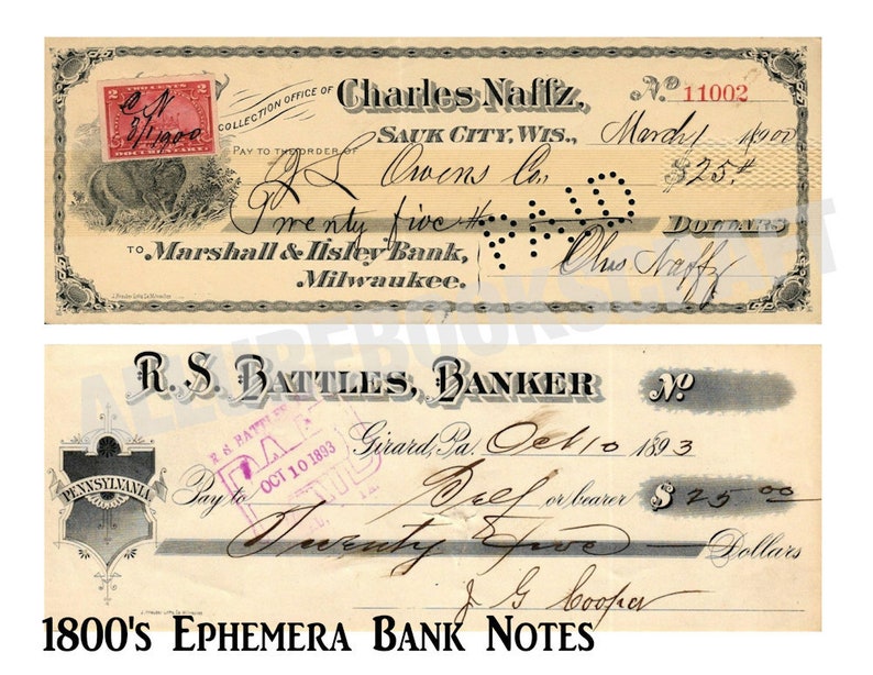 Puede incluir: Dos cheques bancarios antiguos del siglo XIX. El cheque superior es de Charles Naffz, fechado el 4 de marzo de 1893, y est&aacute; a nombre de Marshall & Ilsley Bank en Milwaukee por 25,54 $. El cheque inferior es de R.S. Battles, Banker, fechado el 10 de octubre de 1893, y est&aacute; a nombre de s&iacute; mismo o del portador por 25,00 $.