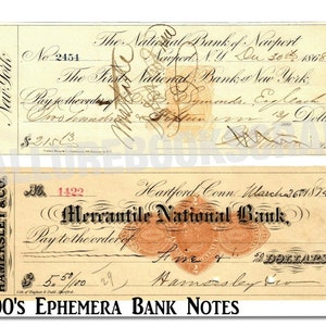 Puede incluir: Dos cheques bancarios antiguos del siglo XIX. El cheque superior es del The National Bank of Newport, Newport, N.Y. fechado el 30 de diciembre de 1868. El cheque inferior es del Mercantile National Bank, Hartford, Conn. fechado el 26 de marzo de 1874.