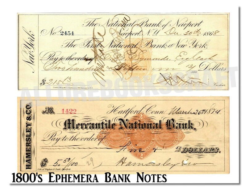 Puede incluir: Dos cheques bancarios antiguos del siglo XIX. El cheque superior es del The National Bank of Newport, Newport, N.Y. fechado el 30 de diciembre de 1868. El cheque inferior es del Mercantile National Bank, Hartford, Conn. fechado el 26 de marzo de 1874.