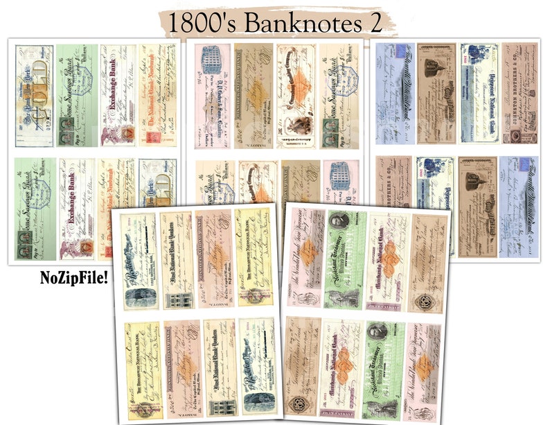 May include: A digital collage sheet of vintage banknote designs from the 1800s. The sheet features 24 different designs, each with unique details and typography. The designs are in various colors, including blue, green, red, and yellow.