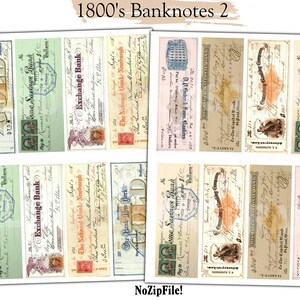 May include: A collage of 12 vintage banknote designs from the 1800s. The banknotes feature various denominations and bank names, including "The Bank New York", "Exchange Bank", "The National Bank Newburgh", and "Home Savings Bank".