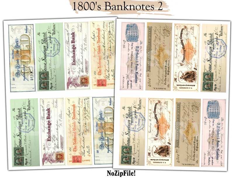 May include: A collage of 12 vintage banknote designs from the 1800s. The banknotes feature various denominations and bank names, including "The Bank New York", "Exchange Bank", "The National Bank Newburgh", and "Home Savings Bank".