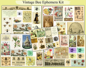 50+ Vintage Bee Ephemera Junk Journal Kit, Vintage Insect Botany Honey Bees Illustration
