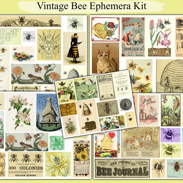 50+ Vintage Bee Ephemera Junk Journal Kit, Vintage Insect Botany Honey Bees Illustration