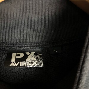 May include: Black sweatshirt with a black and white logo that says "PX Aviirex" and a size tag that says "L".