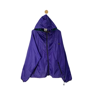 May include: A purple hooded jacket with a zipper closure and a small logo on the front. The jacket has a green lining around the hood.