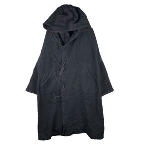 May include: A black hooded long-sleeved coat with a toggle closure and a large pocket on the front.
