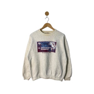 Rare Dunlop Motor Sports Sweatshirt Jumper pullover crewneck / Sweater / big logo grey sweatshirts  / large size