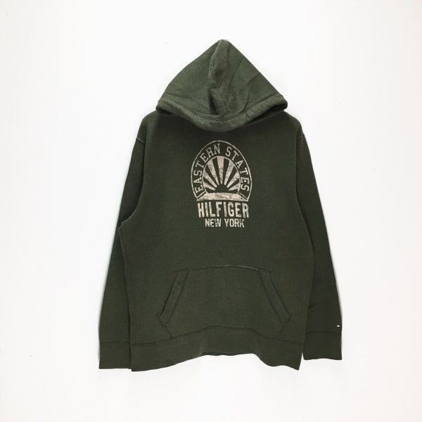 Zeldzame vintage Tommy Hilfiger Hoodies Sweatshirt/jumper Pullover/grote logo/groene kleuren hoodie/XXL grootte Tommy