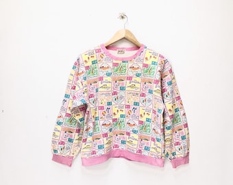 Rare Vintage Fiorucci Sweatshirt / Jumper Pullover Crewneck / Pink Colour / Italy Brand / Pop Art / Fullprint / XS Size