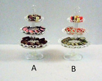 Dollhouse miniature accessory in twelfth scale or 1:12 scale. 3-tier glass desert/cookie stand with all food. Item #N666.