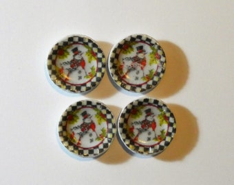 Dollhouse miniature 4-piece set of Snowman ceramic dinner plates.  N821