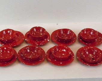 Dollhouse miniature accessory in twelfth scale or 1:12 scale. Red spatter-ware dishes.   Item # N176.