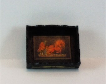 Dollhouse miniature accessory in twelfth scale or 1:12 scale.  Tray, black with Asian design.   Item N166.