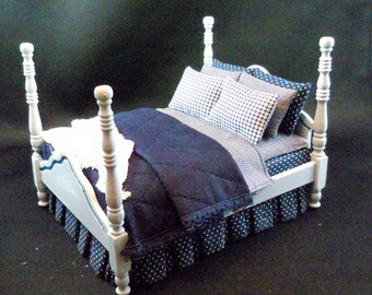 Dollhouse miniature furniture in twelfth scale or 1:12 scale. Blue 4 poster bed.  Item #N821.