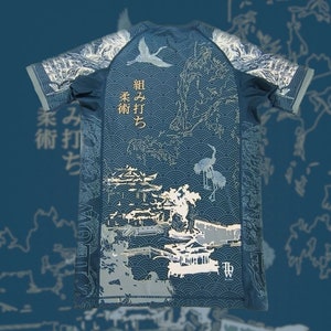 Blauwe en gouden jiujitsu-rashguard heren/dames brazilian jiu jitsu, vechtsporten bushido, samurai, dragon BJJ Rashguard korte mouw