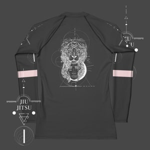 Female Sports Brazilian Jiu Jitsu Martial Arts Rashguard with Tigers, Fish and Decorative Elements. Grey Base, Pink detail