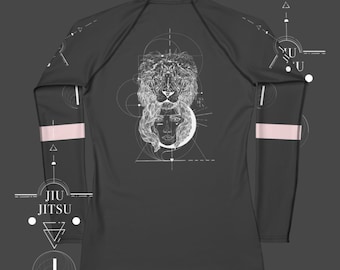 Female Sports Brazilian Jiu Jitsu Martial Arts Rashguard with Tigers, Fish and Decorative Elements. Grey Base, Pink detail