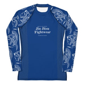 Deep Blue Jiu Jitsu Long Sleeve Rashguard with Athena the Goddess of War Sleeve Print, Female Martial Arts Top