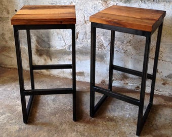 Bar Stool Vintage stool made of reclaimed wood old oak and steel 66 cm