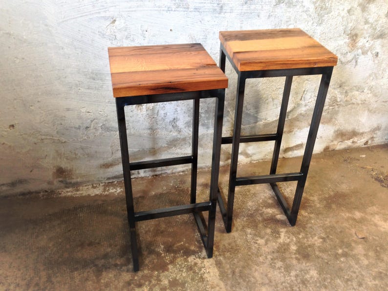 Vintage Bar Stool Old Wood Oak Steel Iron Flamed For Image 0