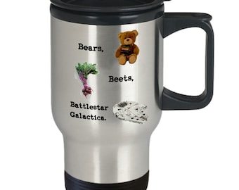 Kubek podróżny do biura/kubek „bears beets battlestar galactica”, stalowy termos do wentylatora biurowego, zabawny cytat dwighta schrute, prezent do biura, program telewizyjny