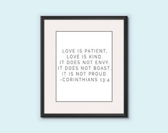 Bible verset Printable Wall Art Corinthiens 13 4 : « l’amour est Patient, l’amour est unique... » ; Citation de Christian, moderne, chambre d’enfant, Art de l’écriture