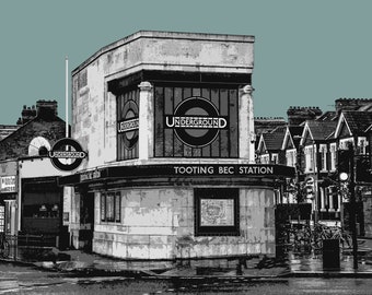 Tooting Bec Underground Station original artwork, London, Litho Style Print, A4, SW17, London Art Print, Northern Line, Mother's Day gift