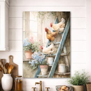 May include: A watercolor painting depicts three chickens on a weathered blue ladder. The artwork features potted flowers, a window, and rustic elements, creating a charming farmhouse aesthetic. The chickens are white and brown.