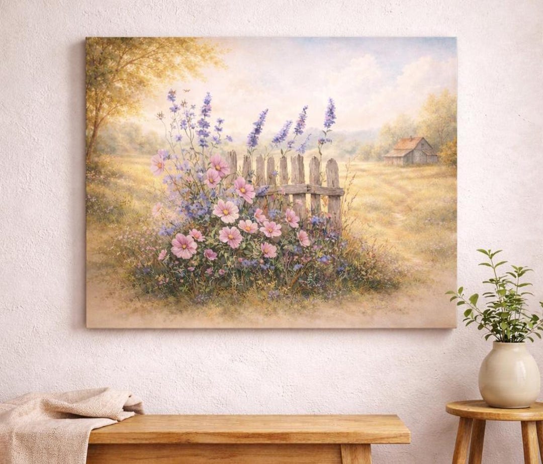 Rustic Wildflower Fence Canvas, Country Meadow Floral Landscape Art - Etsy