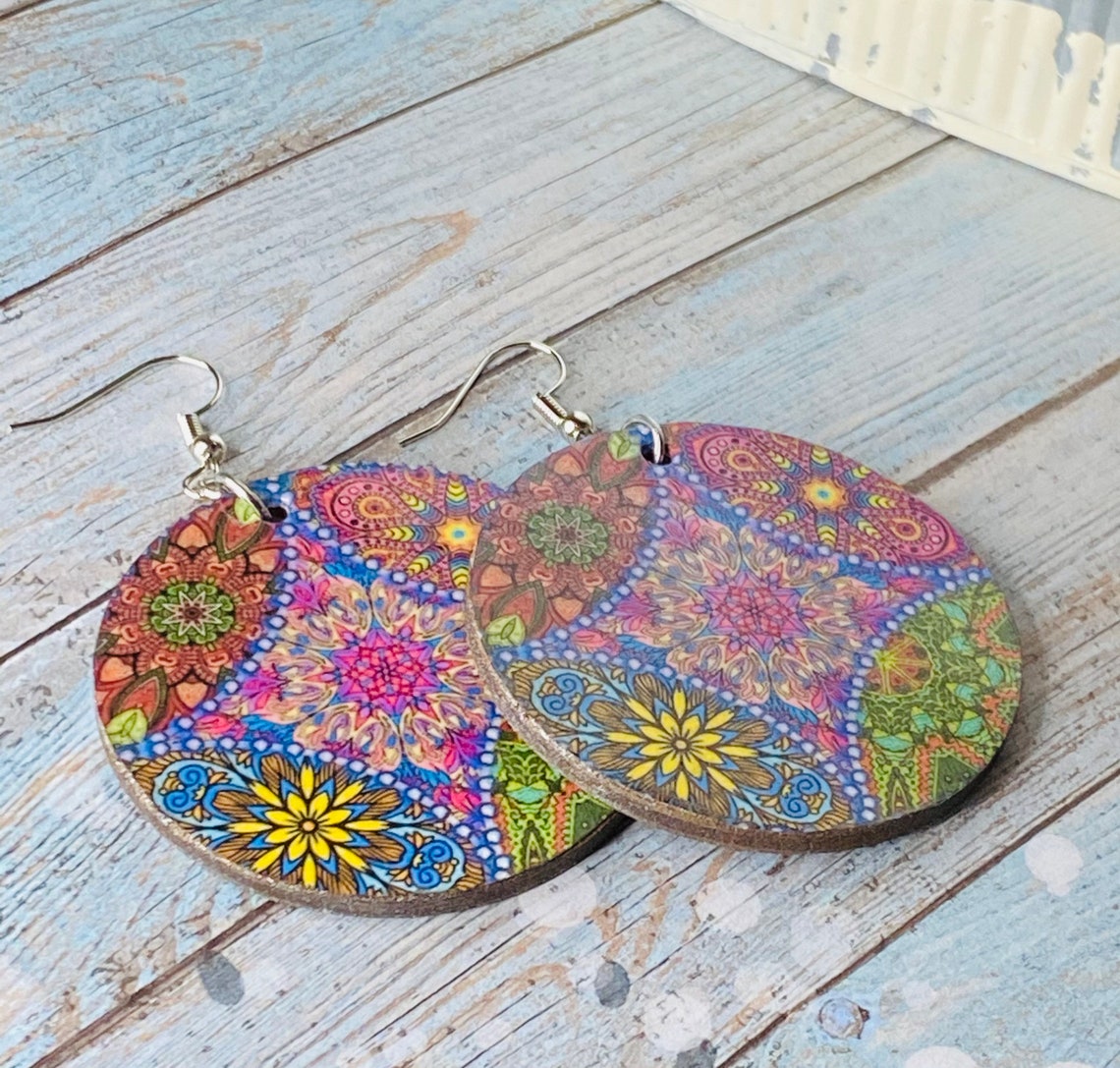 Decoupage Earrings Wooden Earrings Quilt Pattern Earrings Etsy